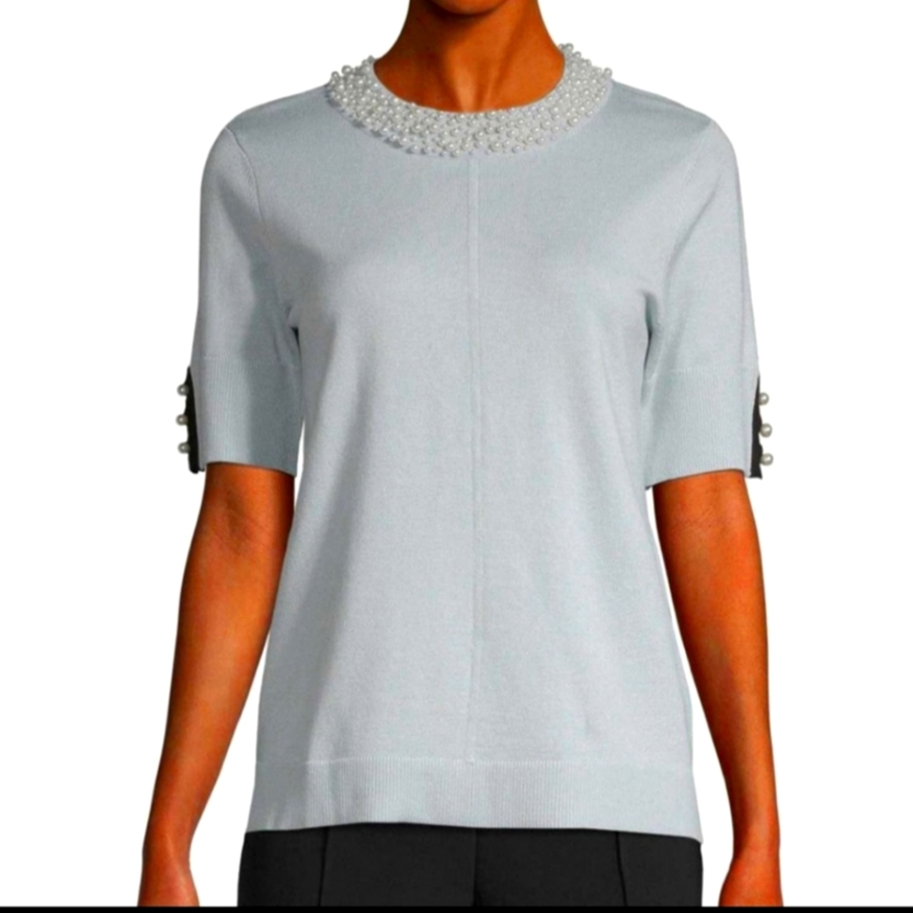 Karl Lagerfeld Tops Karl Lagerfeld Paris Light Blue Pearl Neckline Short sleeve